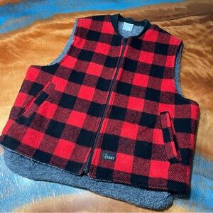 VTG Codet Wool Red Black Plaid full zip Vest large Made in Canada